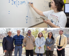 Top: App State senior Lex Foote, a Scholarships in STEM (S-STEM) Scholar in math from Linville, demonstrates an equation on the whiteboard. Bottom: From left to right: Dr. Rahman Tashakkori, Dr. Andrew Heckert, Dr. Mohammad Ali Javidian, Dr. Carol Babyak and Dr. Roshani Silwal. Photos by Chase Reynolds