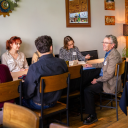 Erik Martella, wine specialist and lecturer in the Appalachian State University Department of Chemistry and Fermentation Sciences, member of the CAS Advancement Council, and proprietor of Erik Martella Wines, chats with students at Vidalia Restaurant and Wine Bar before the beginning of the inaugural 