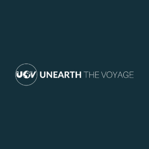 Unearth the Voyage Logo on Dark Blue Green Background